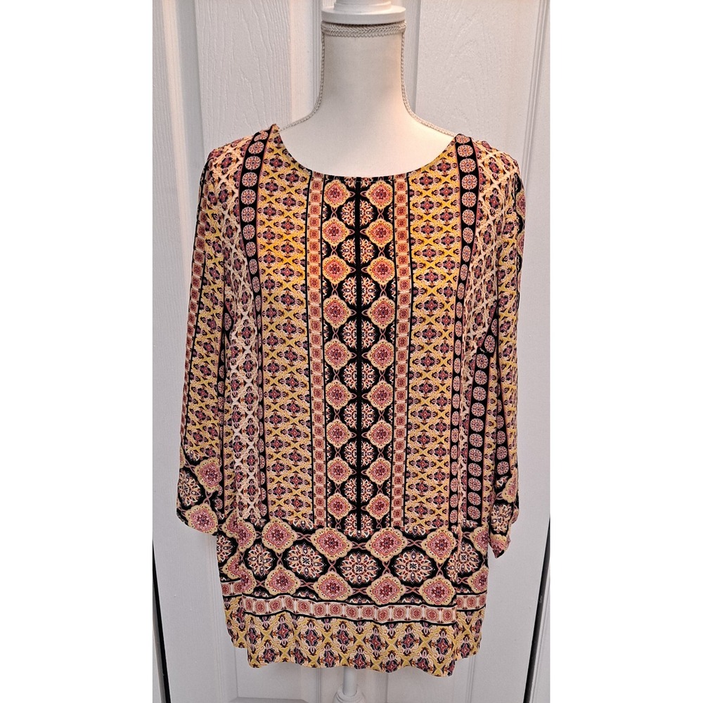 1XL Rose+Olive Colorful 3/4 Sleeve  Length‎ Boho Loose Fitting Top